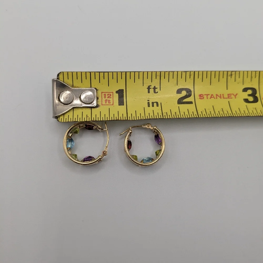 Sold ♥️14k Yellow Gold Amethyst Peridot Blue Topaz Multi-Gemstone Hoop Earrings - Picture 3 of 16